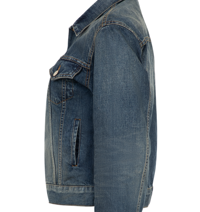 Image 3 of 3 - BLUE - Balenciaga Fitted Denim Jacket has a point collar, button front, button chest pockets, 2 side pockets, button cuffs, adjustable buttons at the waist, and a brand mosaic at the back. 100% cotton. 