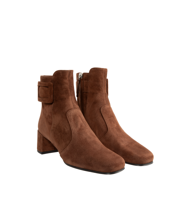 Image 2 of 4 - BROWN - ROGER VIVIER Trs Vivier Booties in suede featuring covered side buckle, zip on the inside, leather insole, leather outer sole and covered geometric heel. 45MM. Suede (goatskin leather). Made in Italy. 