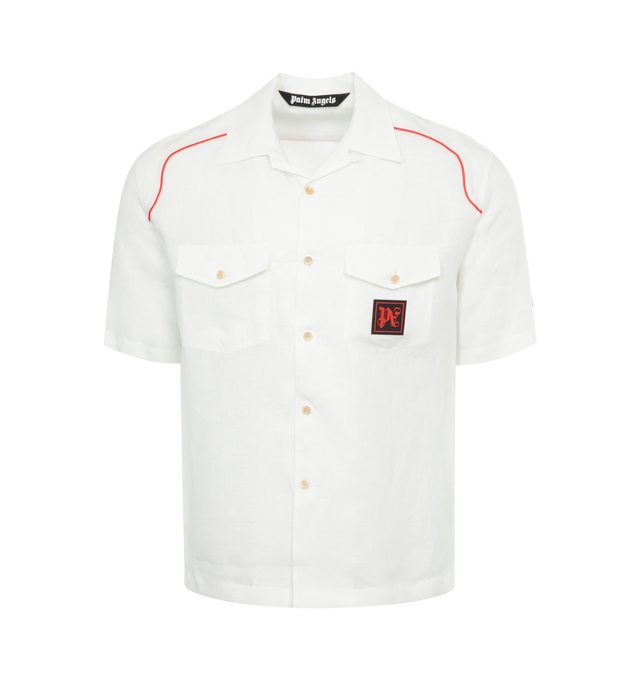 WHITE - PALM ANGELS Paxhaas Linen Bowling Shirt featuring camp collar, front button fastening, short sleeves, embroidered logo to the rear, two chest flap pockets, logo patch at the chest and straight hem. 100% linen/flax. 60% polyester, 40% cotton.