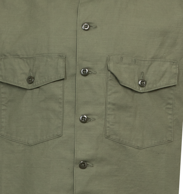 Image 3 of 3 - GREEN - NEEDLES Fatigue Shirt featuring short sleeves, collar, front flap pockets and button closure. 100% cotton. Made in Japan. 