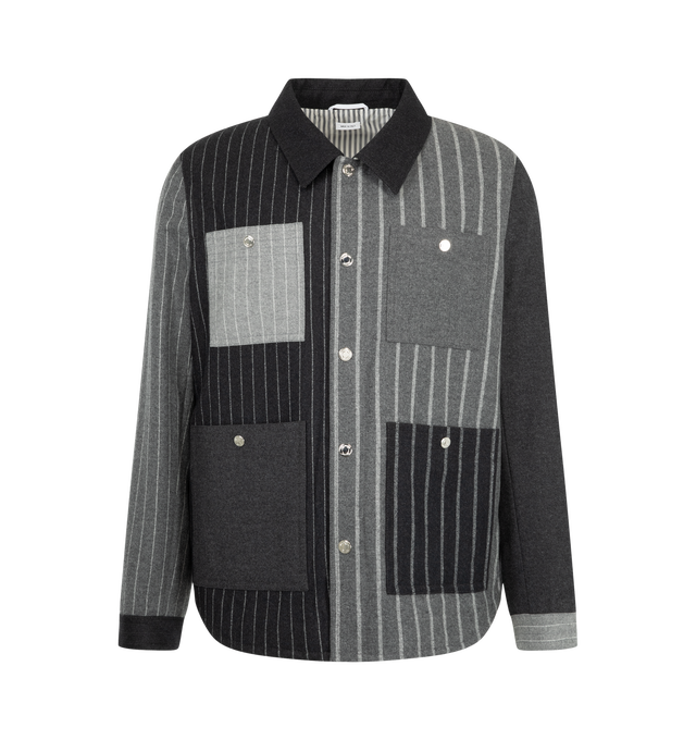 Image 1 of 2 - GREY - Thom Browne Men's Funmix Utility Patch Pocket Jacket is crafted from contrasting wool panels in a patchwork construction that creates a richly textured, mixed-material look. Designed with a boxy utility-inspired silhouette, the jacket features a spread collar, front button closure, button cuffs, and oversized patch pockets at the chest and front. A full lining completes the tailored design, balancing workwear influences with Thom Browne's refined craftsmanship. Main Material: 100% Wool 