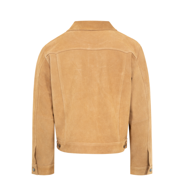 Image 2 of 3 - BROWN - MIDNIGHT RODEO Mr Suede Trucker Jacket featuring a cropped fit, button flap chest pocket, front welt pockets, custom branded hardware, double Western yoke detailing, and a smooth midnight satin lining. Suede. 