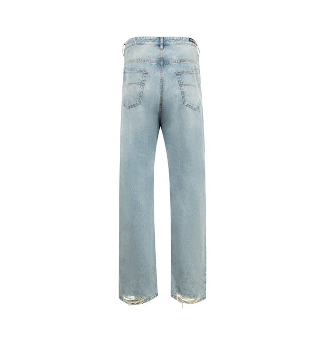 Image 2 of 3 - BLUE - Balenciaga Men's medium fit jeans featuring five-pocket styling, button and zip fly, belt loops, branded label at the waist, distressed detail at the hem. 