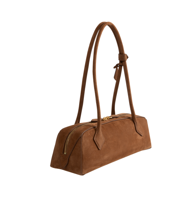 Image 2 of 3 - BROWN - ALAA LE TECKEL emblematic shoulder bag with an elongated silhouette, long tubular handles with decorative ties, double zip closure, small removable mirror on the inside pocket. Shoulder carry for an effortless silhouette. Soft feel nubuck calf leather. Dimensions (cm) : L 33 X H 11 X D 10. Made in Italy. 