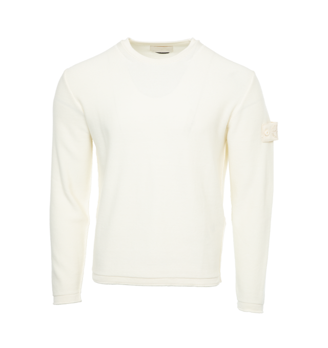 WHITE - STONE ISLAND Ghost Sweater featuring crew neck, long sleeves, straight hem and patch on sleeve. 85% cotton, 15% cashmere.