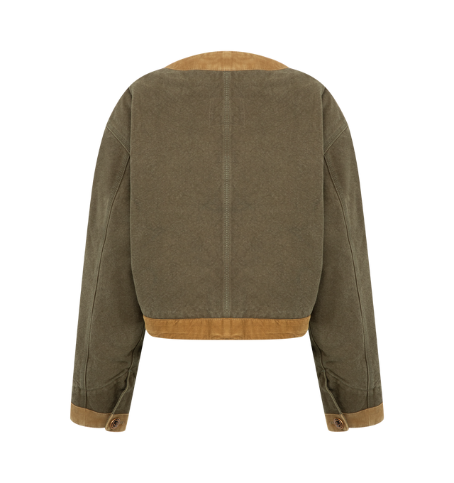 Image 2 of 2 - BROWN - R13 Cropped Chore Jacket featuring corduroy trim, button front closure, button partch pockets on front, button cuffs and cropped fit. Cotton.  