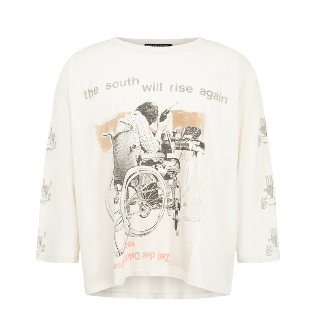 Image 1 of 2 - WHITE - Enfants Riches Dprims South Will Rise Again LS T-Shirt is crafted from heavyweight cotton jersey and features three-quarter-length sleeves, a crew neckline, and a boxy oversized fit. Designed with printed artwork at the front, back, and sleeves, this statement style is finished with single-stitch hems and the brand's signature vintage wash process. Main Material: Heavyweight Cotton Jersey. Fit: Boxy Oversized. Made in the USA. 
