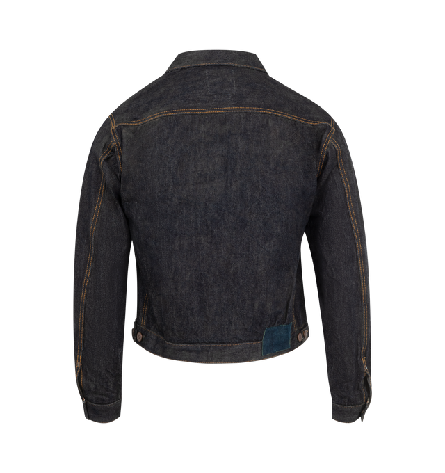 Image 2 of 3 - BLUE - VISVIM Social Sculpture 101x Denim Jacket featuring 13oz denim, wide, cropped fit, original copper buttons & rivets, zip-closure side pockets, custom zippers and natural-dyed buckskin patch. 100% cotton. Made in Japan. 