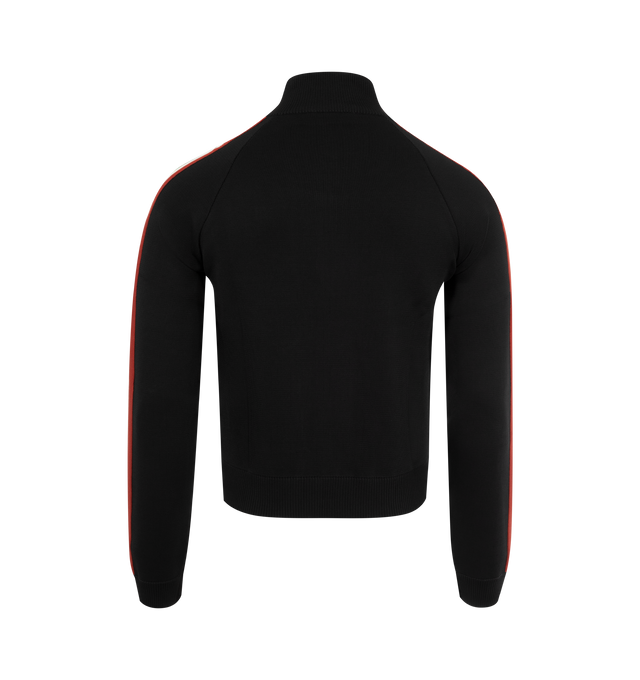 Image 2 of 2 - BLACK - Wales Bonner Tide Track Top is knit from a technical viscose yarn and accentuated by a multicolour stripe across the sleeves, a tonal embroidered logo, and a contrast ribbed collar. Regular Fit with a full zip closure. 75% Viscose, 23% Polyester, 2% Nylon. 