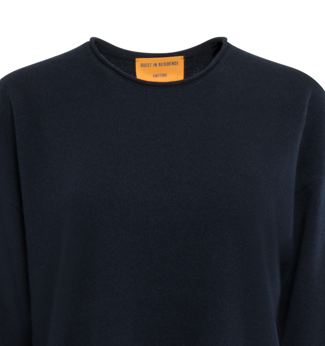 Image 3 of 3 - NAVY - GUEST IN RESIDENCE Oversized Crew featuring crew neck, dropped shoulder, shirttail curved hem Jersey roll hem, neck, and cuff. 100% cashmere. 