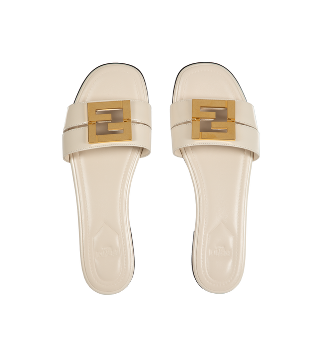 Image 4 of 4 - WHITE - FENDI FFold Slide featuring square toes, two wrap-around bands and a metallic FF motif. 5MM. 100% calf leather. Interior: 100% lamb leather. Made in Italy. 