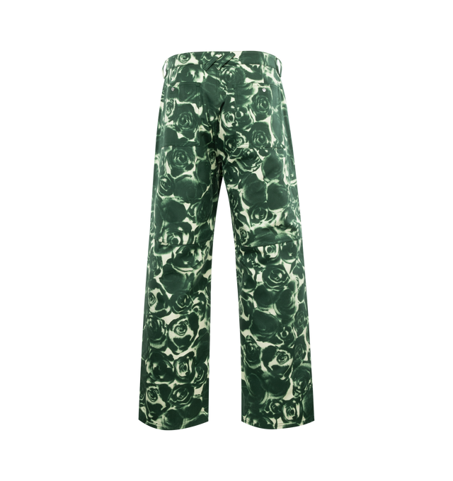 Image 2 of 3 - GREEN - BURBERRY Rose Waxed Cotton Trousers featuring relaxed fit, printed rose pattern, press-stud tabs at the cuffs, button and zip closure, press-stud side adjusters and tab cuffs, side slip pockets and back press-stud pockets. 100% cotton. 