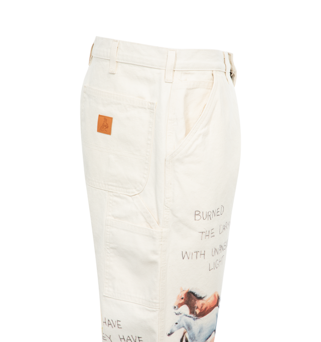 Image 3 of 3 - WHITE - ONE OF THESE DAYS Fort Courage Painter Pants featuring garment wash for vintage finish, printed artwork, straight leg fit and zip fly. 100% cotton. Made in USA. 