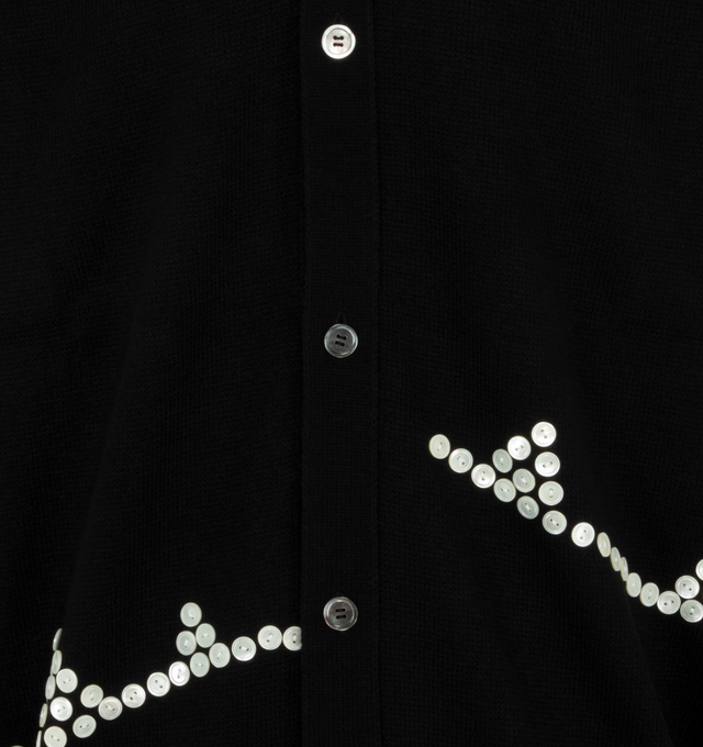 Image 3 of 3 - BLACK - Homme Plus Button Flower Cardigan has a v-neck, a 5-button front closure, button detailing, and a ribbed hem and cuffs.   