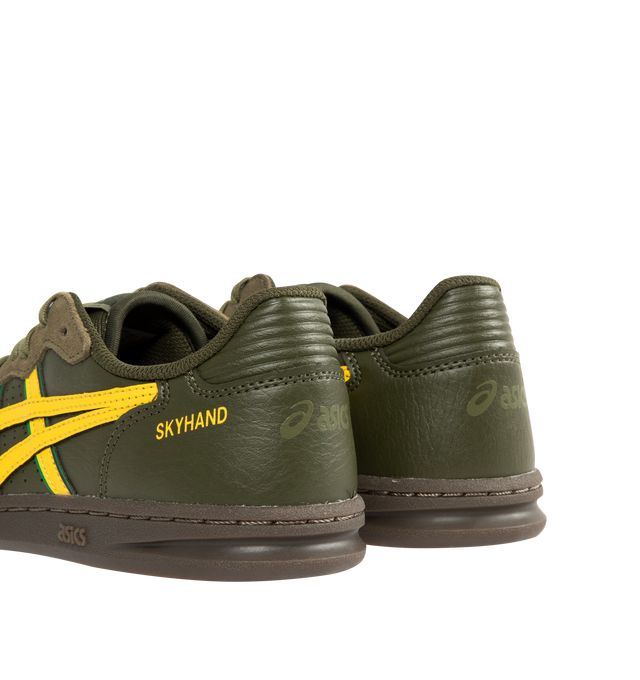 Image 3 of 5 - GREEN - ASICS Skyhand OG Sneakers featuring calf suede, logo-embellished side panels, logo-embroidered tongue, embroidered logo to the rear, round toe, front lace-up fastening, EVA midsole and flat rubber sole. 