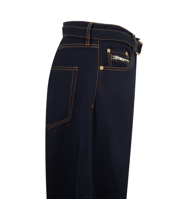 Image 3 of 3 - BLUE - Sacai Mens Dark Denim Pants are crafted from a dark wash denim cotton. Featuring a barrel-leg silhouette, belted waistband, zip fly with button closure, side pockets, and back welt pockets. Main Material: Cotton. Made in Japan. 