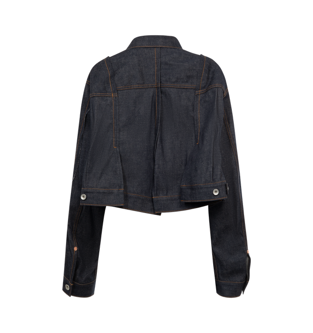 Image 2 of 3 - BLUE - SACAI Denim Jacket featuring button front closure, collar, long sleeves, trapeze fit and front flap pockets. 100% cotton.  