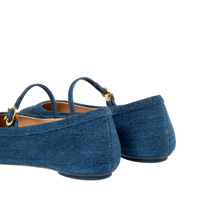 Image 3 of 4 - BLUE - GIANVITO ROSSI Carla Flats crafted from denim in a flat ballerina style with a round toe and a rubber sole. The iconic Ribbon buckle, signature of the brand, enriches the front Mary Jane strap. Handmade in Italy. Heel height: 0.2 inches. 
