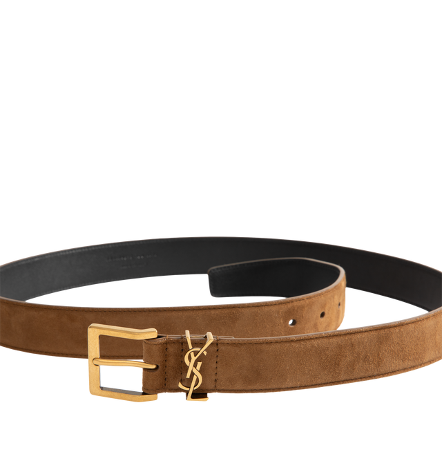 Image 2 of 2 - BROWN - Saint Laurent Womens Belt is crafted from calfskin suede leather. Features a square buckle, signature CASSANDRE loop, adjustable pin-buckle closure, and bronze-tone hardware. Width: 3 cm. Main Material: Calfskin Leather; Hardware: Brass. Made in Italy. 