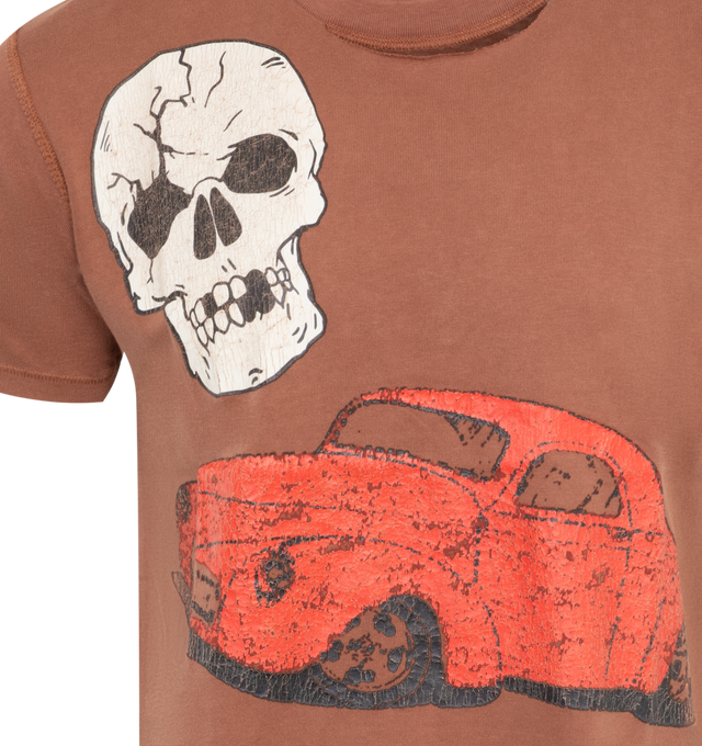 Image 2 of 2 - BROWN - ERL Skull Print T-Shirt featuring jersey texture, crew neck, cut-out detailing, short sleeves, skull print and straight hem. 100% cotton.  