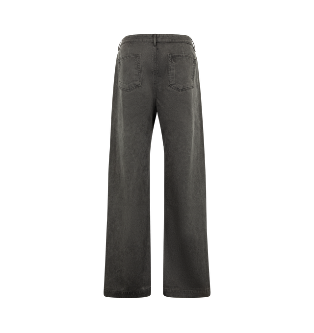 Image 2 of 3 - GREY - Rick Owens DRKSHDW Men's Geth Jeans are crafted from medium-weight cotton canvas featuring a matte black dry-pigment coating that develops a distinctive washed-out character through a stone-wash treatment. Designed with a mid-rise waist and wide-leg fit, these full-length jeans are detailed with a concealed zip fly and top button closure, a waistband with belt loops, pocket rivets, rear patch pockets, classic five-pocket styling, and contrasting topstitching. Main Material: 100% Cotton 