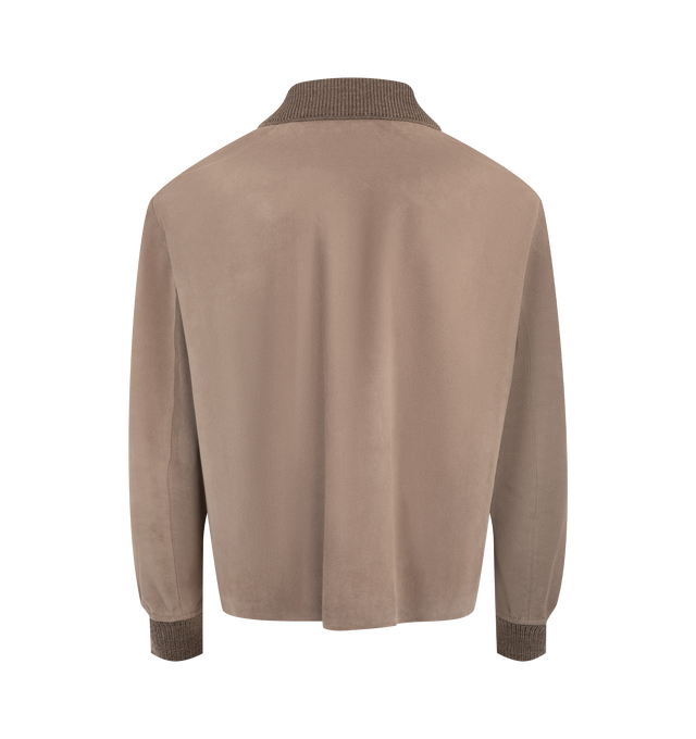 Image 2 of 2 - GREY - JW Anderson Men's Suede Jacket in mouse grey is crafted in Italy, features a wool knitted collar and cuffs, patch pockets with debossed black foil logo and self-covered press snap buttons. Constructed with invisible seams for a clean finish. 