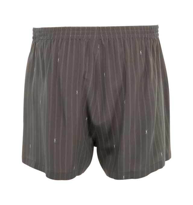 Image 2 of 2 - GREY - Saint Laurent Men's boxer shorts with an elasticized waist, button fly and CASSANDRE stripe motif. 100% SILK. Made in Italy. 