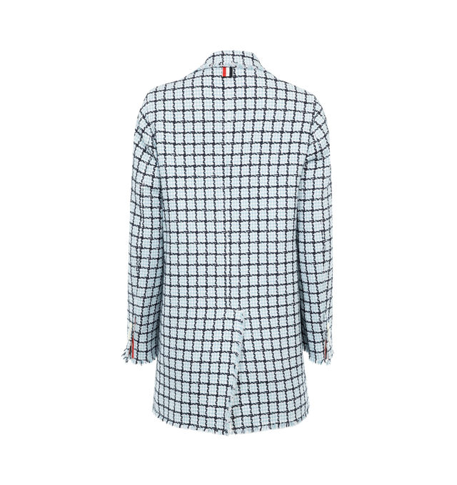 Image 2 of 2 - BLUE - THOM BROWNE Check Patch Pocket Jacket featuring narrow shoulder, front button closure, 3 patch pockets, buttoned cuffs with signature striped grosgrain trim, single vented back, striped lining with interior pockets and name tag and signature striped grosgrain loop tab. 100% cotton. 