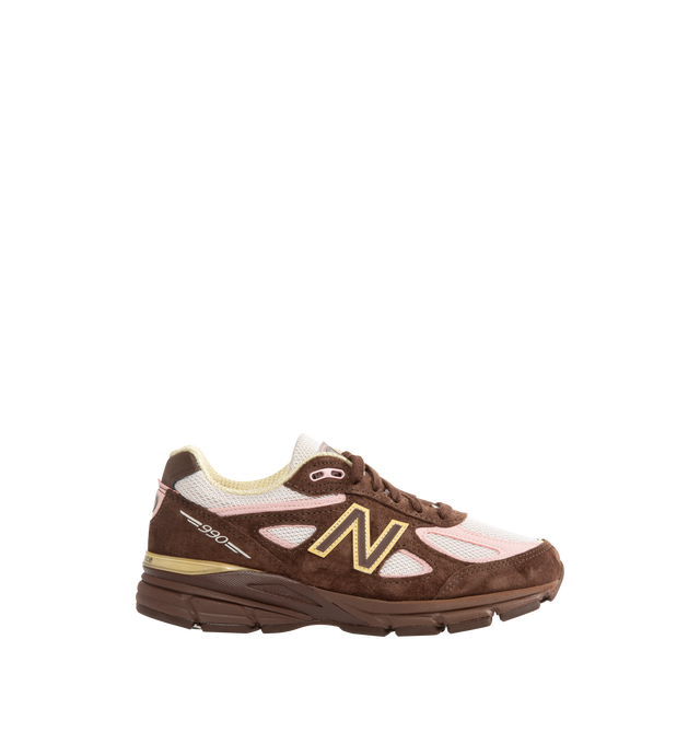 Image 1 of 5 - BROWN - New Balance Mens Made in USA 990v4 Sneakers feature a mesh upper with premium suede and synthetic overlays. Designed with ABZORB heel and forefoot cushioning, ENCAP and C-CAP midsole technology, reflective accents, and a durable NDurance rubber outsole. Upper: Mesh, Suede, Synthetic, and Pig Leather; Midsole: ENCAP and C-CAP; Outsole: NDurance Rubber. Made in the USA. 
