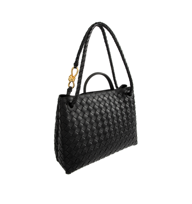Image 2 of 4 - BLACK - BOTTEGA VENETA Andiamo Bag featuring top handle bag in supple Intrecciato leather with signature knot detail, sliding cross-body strap, compartmented interior with one zippered pocket, two open pockets and magnetic closure. 9.8 x 12.6 x 4.3. Lambskin. Made in Italy. 