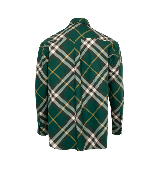 Image 2 of 2 - GREEN - Burberry Check cotton twill shirt embroidered with the Equestrian Knight Design. The style is tailored to an oversized fit with a button-down collar, button closure, single-button cuffs and curved hem. 100% cotton with mother-of-pearl buttons. 