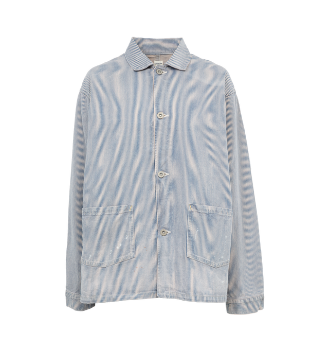 Image 1 of 3 - BLUE - Chimala unisex coverall button-front overshirt features durable construction,  vintage distressed look with metal buttons and front patch pockets. 100% Cotton with striped design. Made in Japan. 