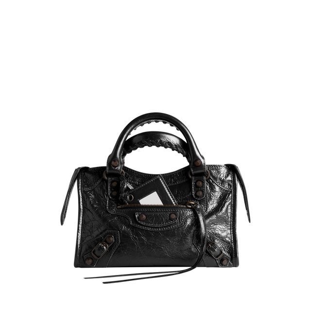 Image 1 of 4 - BLACK - BALENCIAGA Le City Bag Mini in Arena lambskin featuring two hand-braided handles with waxed cord, removable and adjustable strap with shoulder pad, double-sided zip with long tails and knotted leather puller, front zipped pocket with knotted leather puller, 1 inner zipped pocket, 1 removable mirror, tone-on-tone Balenciaga logo debossed on mirror and cotton canvas lining. 9.45" x 6.3" x 3.5". Lambskin, cotton. Made in Italy. 
