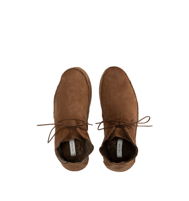 Image 4 of 4 - BROWN - THE ROW Tyler Lace Up Shoe featuring deconstructed lace-up shoe in shearling-lined suede with waxed cotton laces and rubberized sole. 100% leather. Made in Italy. 