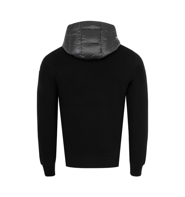 Image 2 of 3 - BLACK - MONCLER Padded Wool Zip-Up Hoodie featuring down-filled polyester front and hood, rib knit, gauge 7, zipper closure and pockets with snap button closure. 100% polyester. 100% virgin wool. Padding: 90% down, 10% feather. Made in Turkey. 