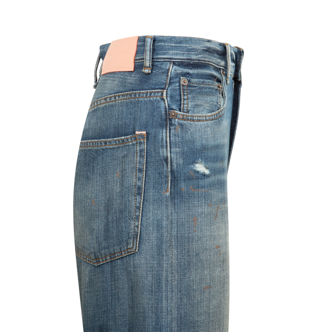 Image 3 of 3 - BLUE - ACNE STUDIOS 5 Pocket Denim Jeans featuring regular fit, high waist, wide straight leg, long length, paint marks, holes, and dirt and an authentic worn-in effect. 100% cotton. 