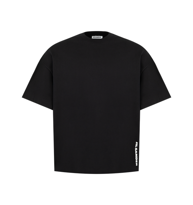 Image 1 of 2 - BLACK - Jil Sander Mens T-Shirt is crafted from soft cotton jersey. Features a boxy fit, crew neckline, short sleeves, straight hem, and vertical printed Jil Sander logo. Main Material: 100% Cotton. Made in Italy. 
