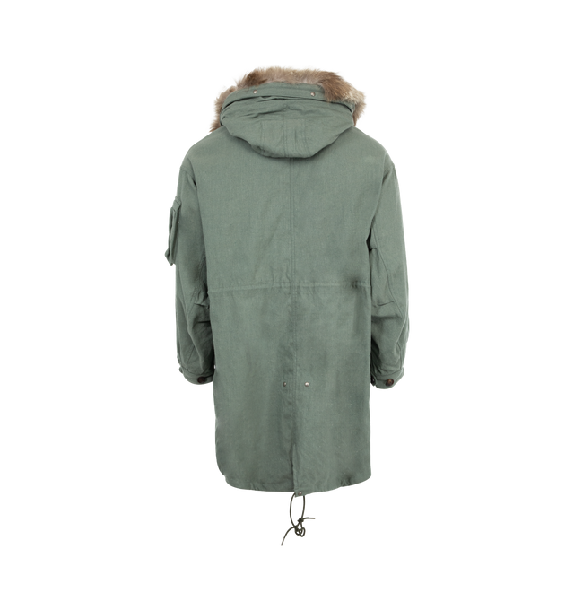 Image 2 of 3 - GREEN - VISVIM Fishtail Parka made from a custom woven Cotton/Nylon fabric that has undergone special treatment for a damaged finish. Featuring detachable Coyote fur at the hood, zip fastener, custom water buffalo buttons, custom snap buttons,  custom military tape. 81% cotton / 19% nylon. 