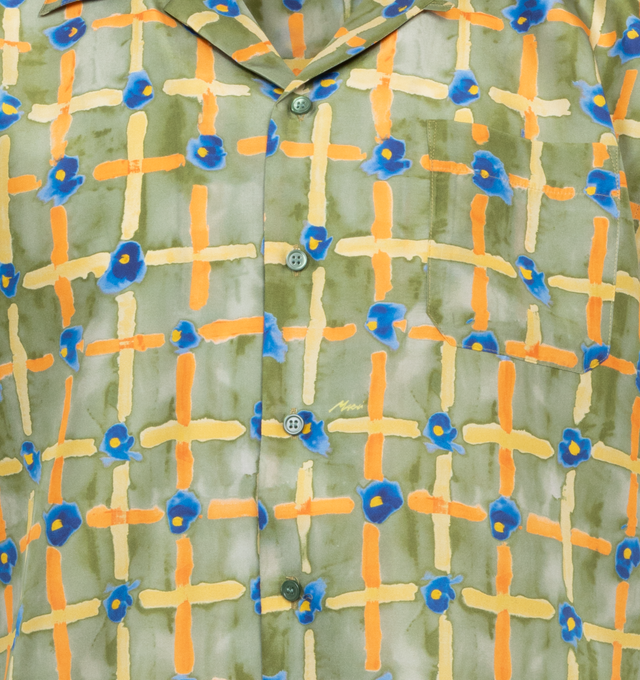 Image 3 of 3 - GREEN - MARNI Saraband Shirt featuring graphic pattern printed throughout, open spread collar, button closure, patch pocket and droptail hem. 100% silk. Made in Romania. 
