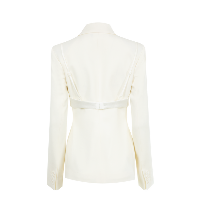 Image 2 of 4 - WHITE - ACNE STUDIOS blazer in white, paneled construction, peaked lapel, structured shoulders, long sleeves, back bra strap embellishment, front concealed double-breasted button closure, straight hem, tailored fit. 