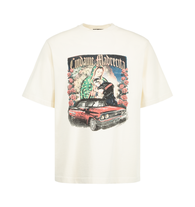 Image 1 of 2 - MULTI - Willy Chavarria Os Cuidame Madrecita Standard Tee is crafted from heavyweight cotton and features a standard-fit silhouette for everyday wear. Designed with Os Cuidame Madrecita graphic artwork printed at the front. Main Material: 100% Cotton. Made in USA. 