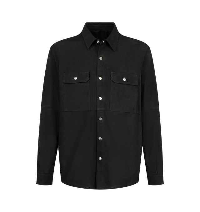 Image 1 of 2 - BLACK - Rick Owens Mens Outershirt is crafted from technical duchesse satin. Features a boxy fit, hip-length silhouette, classic collar, snap-front closure, snap cuffs, beveled side seams, two flap chest pockets, signature level shoulder seams, cotton webbing strap with rivet detail at the back yoke, and double topstitching. Main Material: 100% Recycled Polyester; Inside Pockets: 97% Cotton, 3% Elastane. Made with GRS-certified recycled polyester. Made in Italy. 