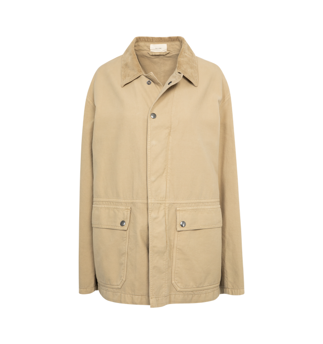 NEUTRAL - THE ROW Frank Jacket featuring outdoor jacket in soft cotton canvas with corduroy collar, patch pockets, and zippered front placket with snap buttons for adjustable layering. 100% cotton. Made in Italy.