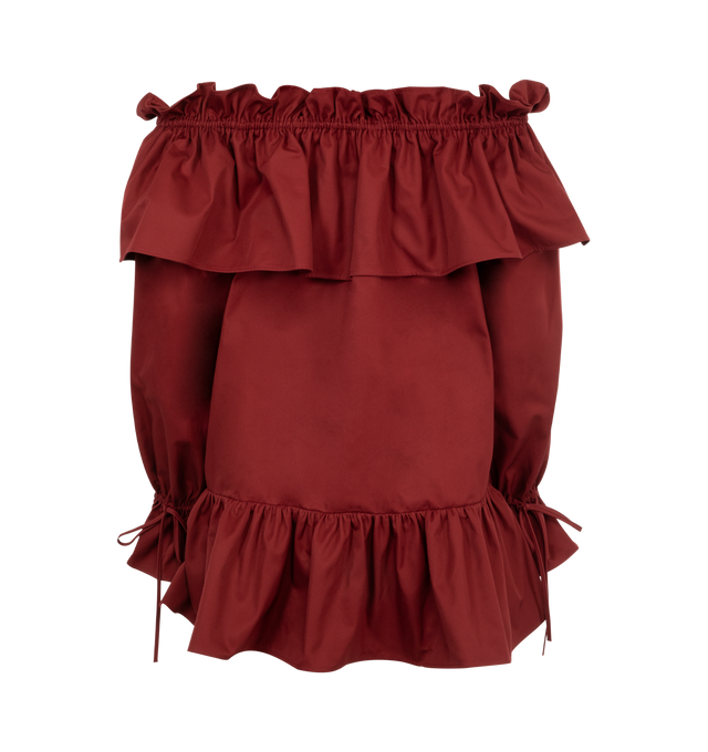 Image 2 of 2 - RED - Saint Laurent Off-the-shoulder dress made with certified cotton, featuring an oversized ruffle neckline and hem, drawstring poet sleeves, and concealed pockets. 100% cotton. Made in France. 