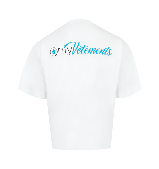 Image 2 of 2 - WHITE - Vetements Only Vetements Regular T-Shirt has a crew neck, a printed logo graphic at the chest and back, and an embroidered logo at the back collar. 93% cotton, 7% elastane. Made in Portugal.  