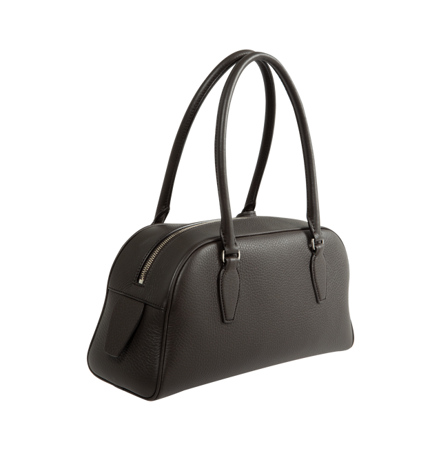 Image 2 of 3 - BROWN - The Row Women's Small E/W India Bag is crafted from textured calfskin leather and features an elongated bowling-bag silhouette, extended tubular top handles, a branded metal padlock and key, and a top zip closure. Designed for everyday use, this compact style is lined in lambskin leather and offers a streamlined profile for carrying daily essentials. Main Material: 100% Calfskin Leather. Lining: 100% Lambskin Leather. Dimensions: 29 x 15 x 11 cm / 11.4 x 5.9 x 4.3 in. Details: Extende 