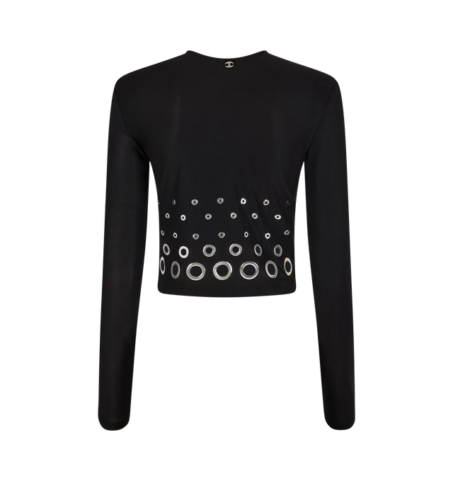 Image 2 of 2 - BLACK - RABANNE Crop Top featuring crew neck, long sleeves, crop length and silver eyelet detail on bottom of top. 90% cupro, 10% elastane. Made in Portugal. 