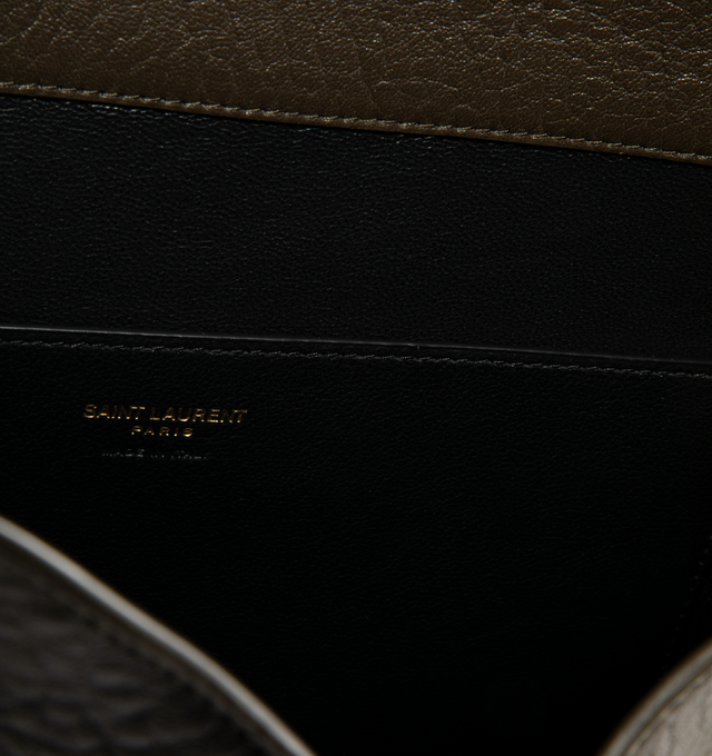 Image 3 of 3 - GREEN - SAINT LAURENT XXL Envelope Pouch on Chain featuring extra large chain pouch in supple lambskin, decorated with the CASSANDRE, a stowable cable-chain strap, leather lining, bronze-tone hardware, snap-button closure and one zip pocket. 13.8" x 8.7" x 1.21.7". Lambskin. Made in Italy. 