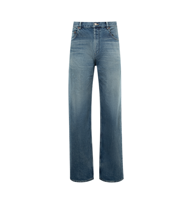 Image 1 of 3 - BLUE - SAINT LAURENT Long Baggy Jeans featuring high waist, long length, wide leg, button fly, five pocket and belt loops. 100% cotton.  