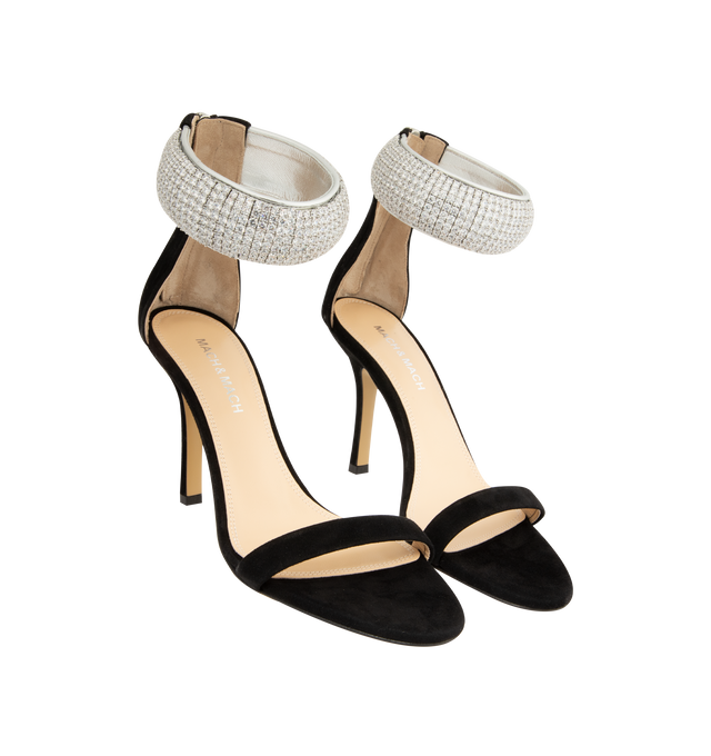 Image 2 of 4 - BLACK - Mach & Mach Women's She's A Lady Heeled Sandals are crafted from suede leather and feature an elegant round open-toe silhouette with a 95mm stiletto heel. Designed with crystal-embellished ankle detailing, a rear zip closure, leather lining, and a leather sole, the sandals offer a refined statement finish. Main Material: Suede Leather. Made in Italy. 
